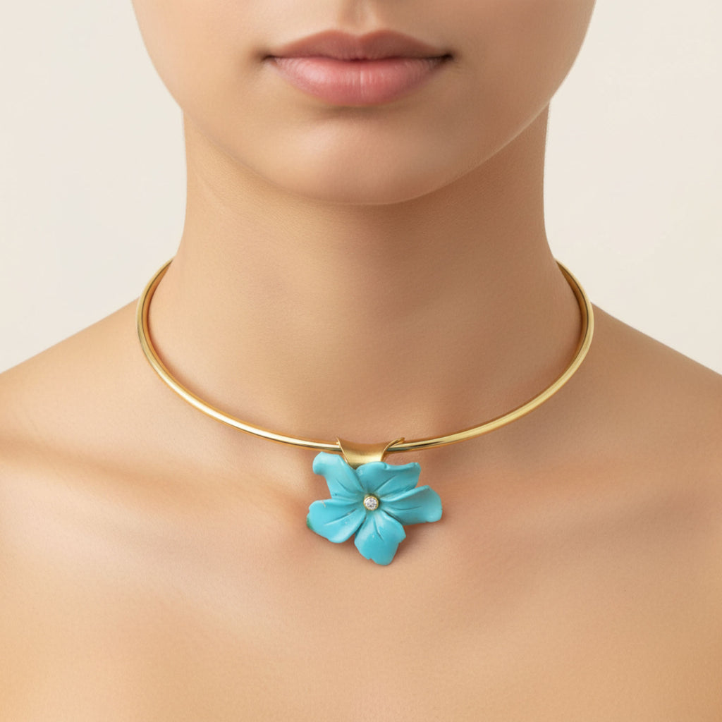 Pendant 585 Gold with Turquoise Flower and Brilliant-Cut Diamond