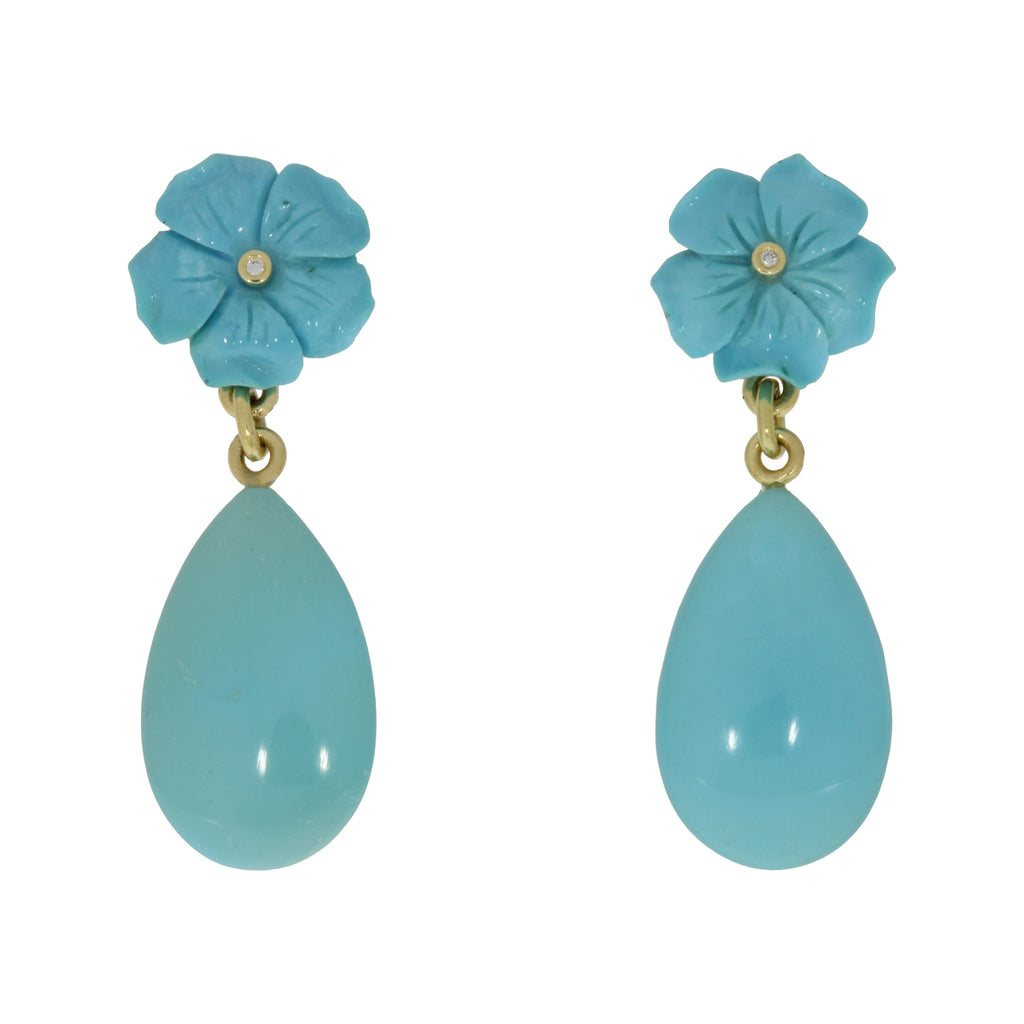 585 Gold earrings with turquoise blossoms and brilliant-cut diamonds