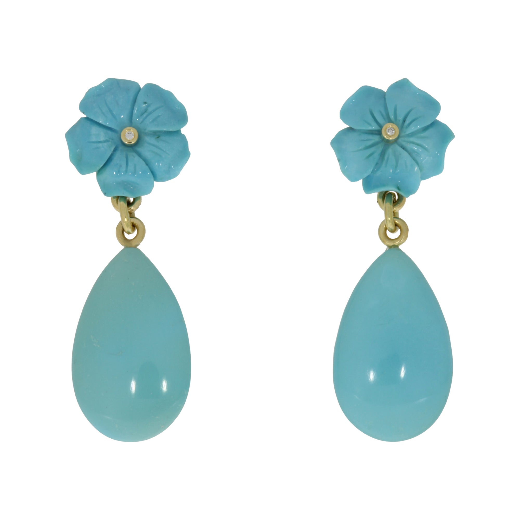 585 Gold earrings with turquoise blossoms and brilliant-cut diamonds