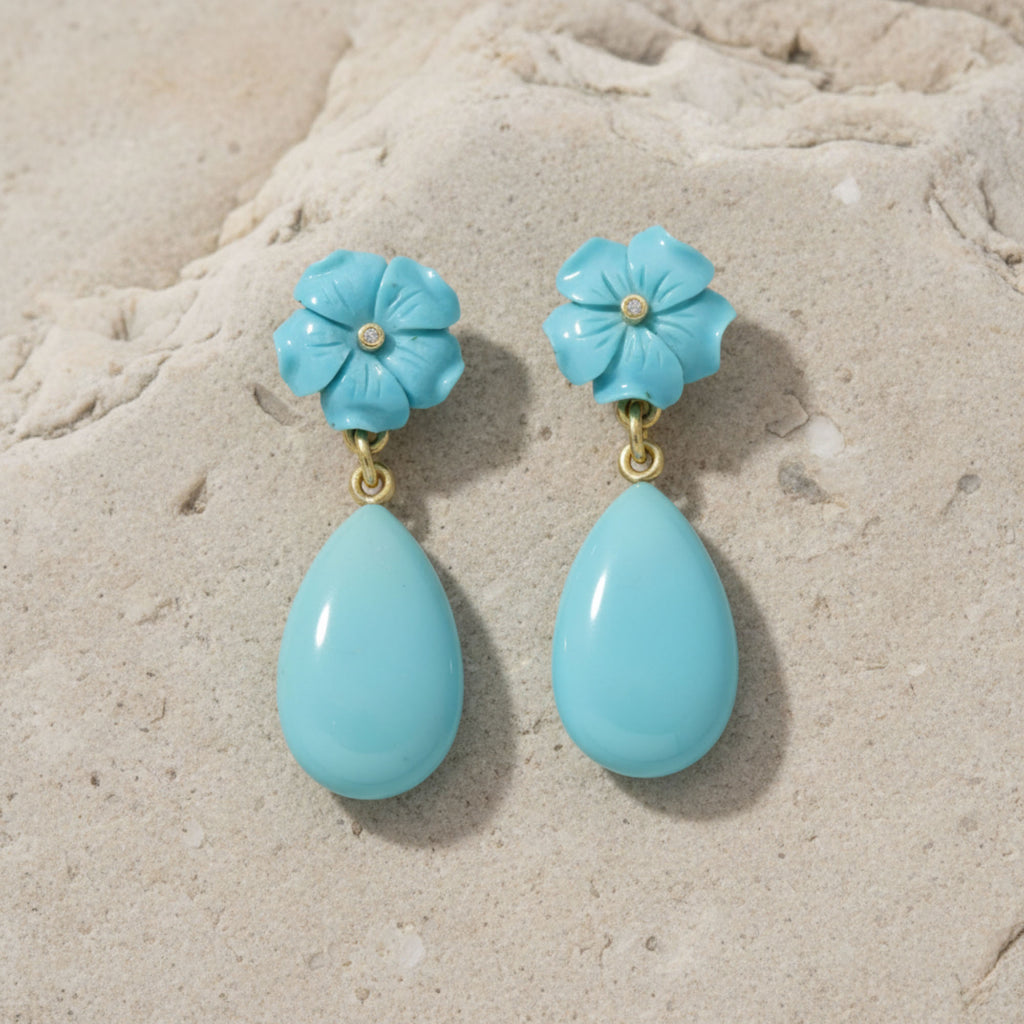 585 Gold earrings with turquoise blossoms and brilliant-cut diamonds